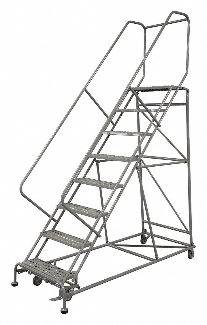 Rolling Ladder: 6.7 ft Platform Ht, Unassembled, Steel, Foot-Activated Step Lock