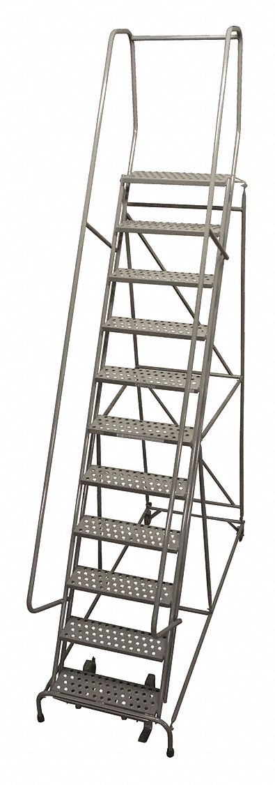 Rolling Ladder: 9.2 ft Platform Ht, Assembled, Steel, Foot-Activated Step Lock, Perforated