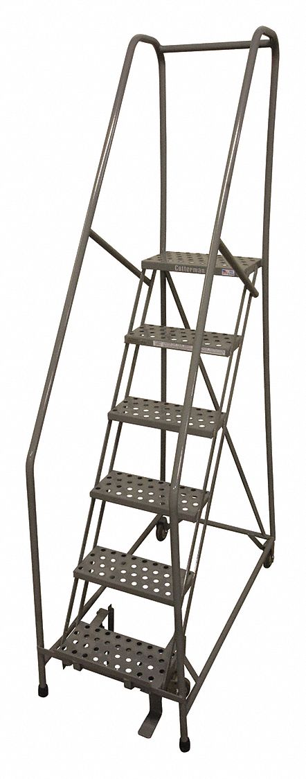 Rolling Ladder: 5 ft Platform Ht, Assembled, Stainless Steel, Manual Lock, Serrated