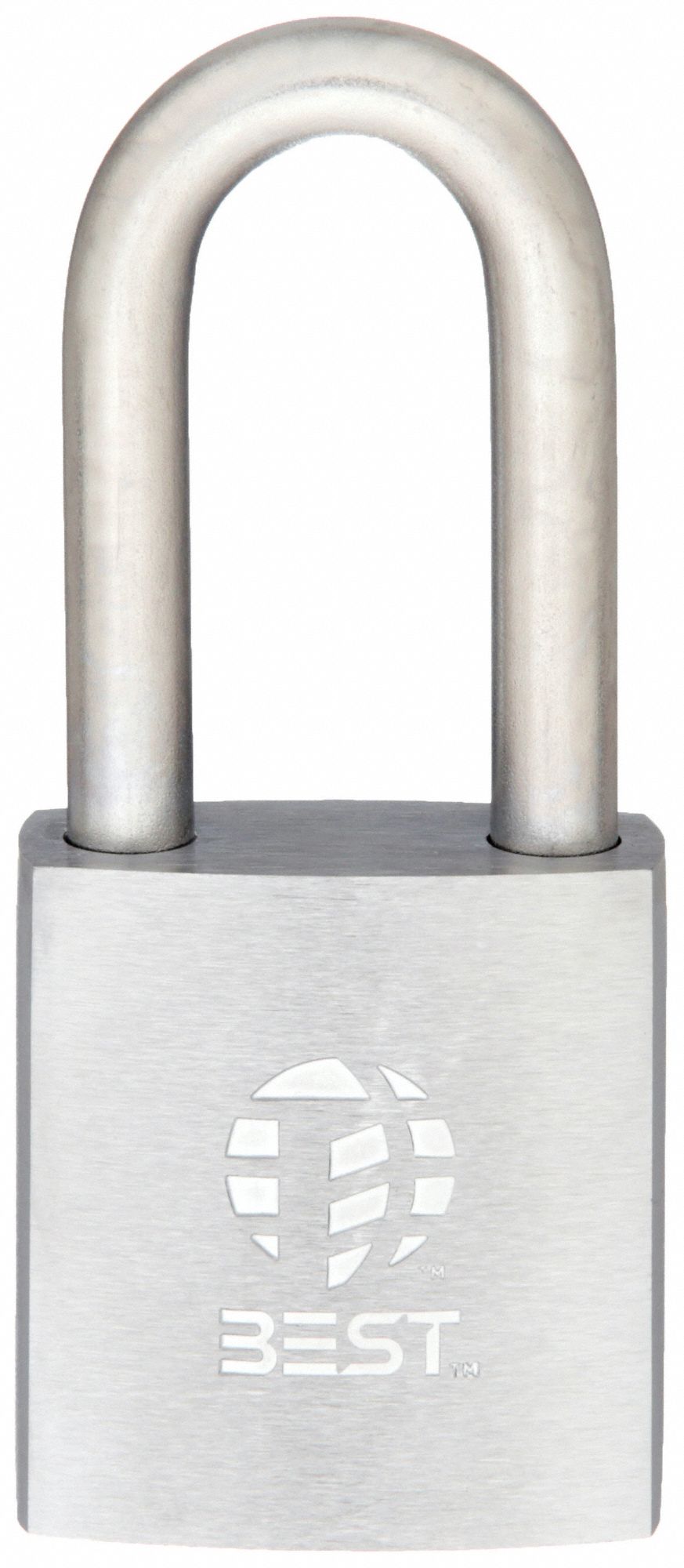 Padlock: Brass, Chrome-Plated, Silver, Long Shackle, Stainless Steel, 2 in Vert Clearance