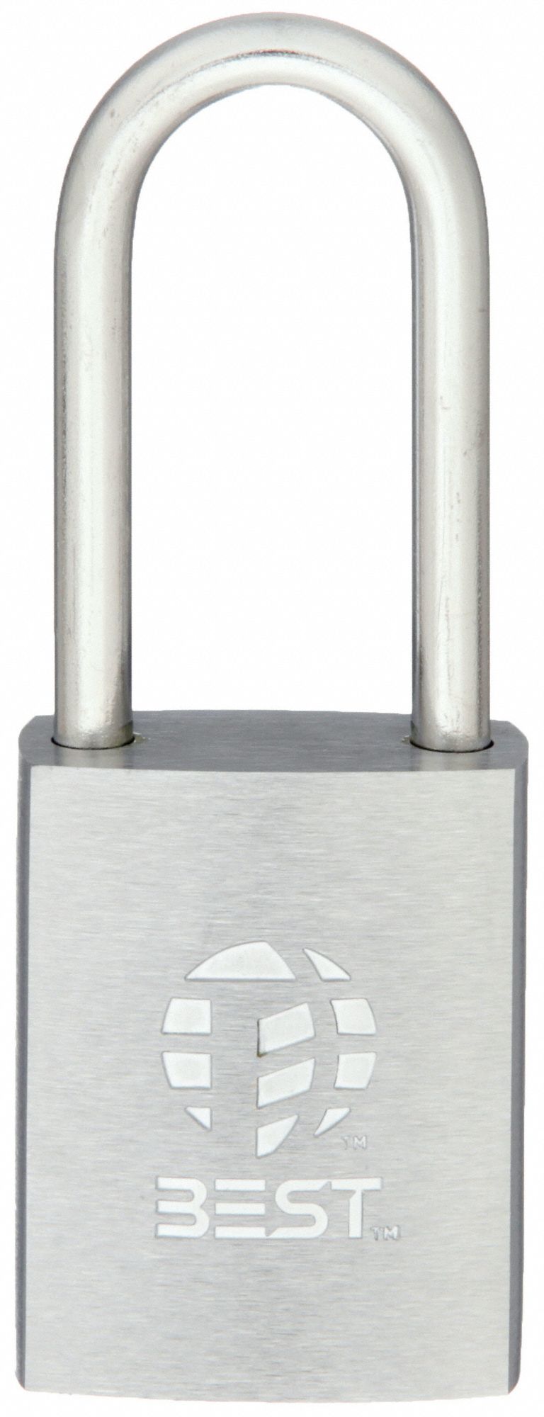 Padlock: Brass, Chrome-Plated, Silver, Long Shackle, Brass, 2 in Vert Clearance