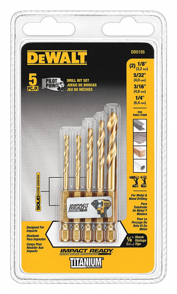 DEWALT Impact Drill Bit Set, HSS, Titanium, 5 Pc. 45CY80DD5155