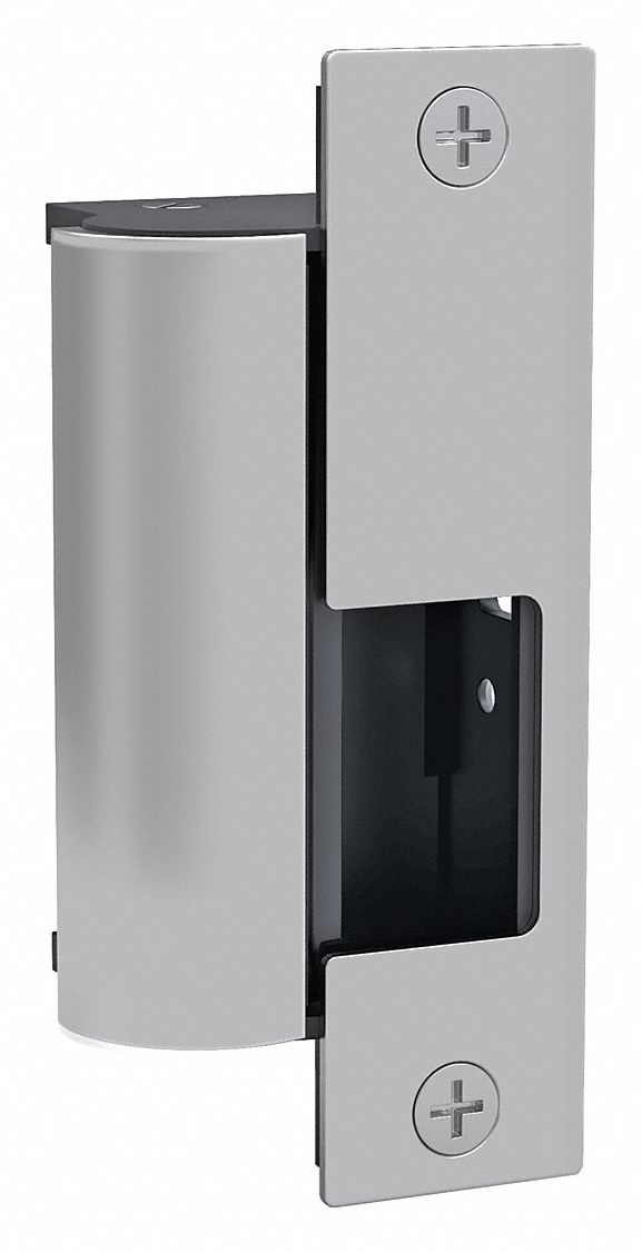 Electric Door Strike: 2 1/16 in Wd, 4 7/8 in Ht, Cylindrical/Mortise, Stainless Steel
