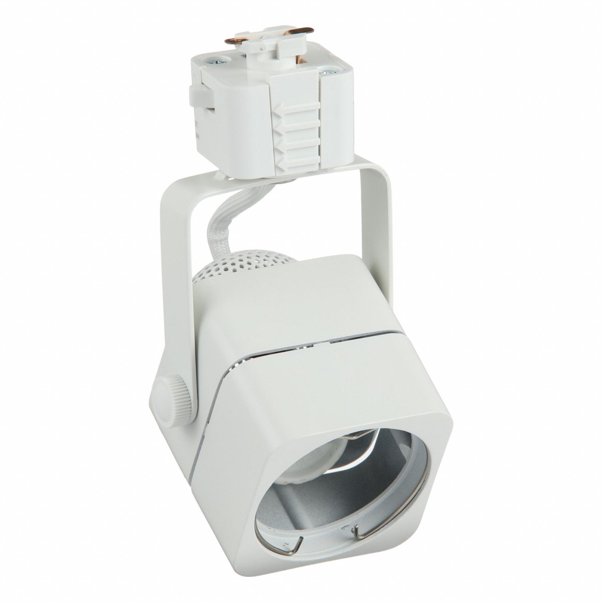 Track Lighting Head: Incandescent, Cube Shape, 50 W, 2 1/4 in Dia, 3 1/4 in Lg, White