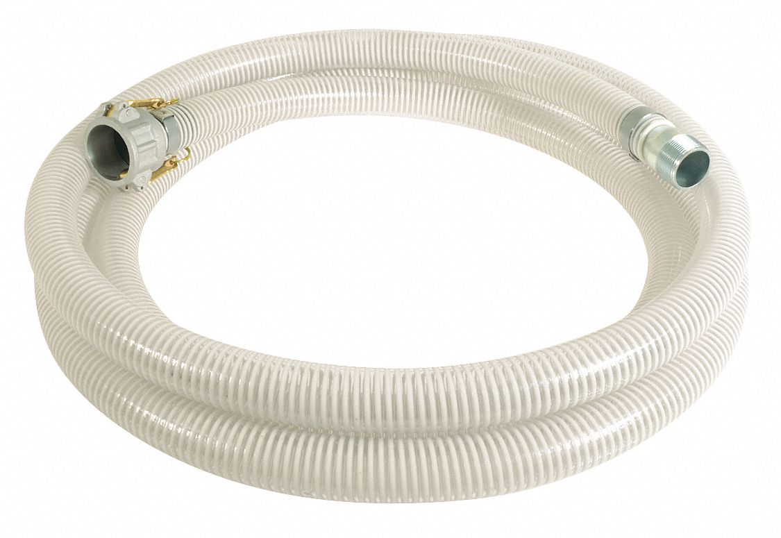 WATER SUCTION AND DISCHARGE HOSE, 1 IN HOSE ID, 90 PSI, CLEAR/WHITE, 20 FT HOSE L, MNPT