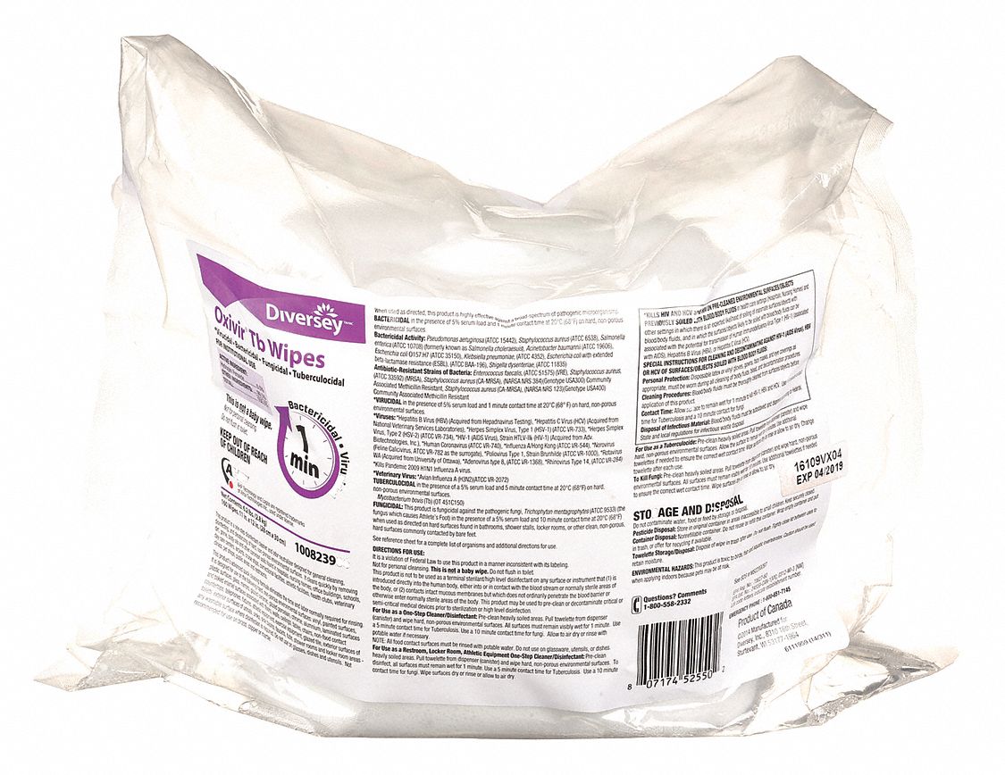 Disinfecting Wipes: Bag, Ready to Use, Wipes, Hydrogen Peroxide, Fresh, Oxivir® Tb, 4 PK