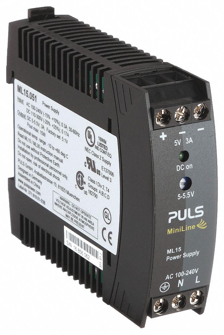 PULS DC POWER SUPPLY, DIN RAIL, 15 W OUTPUT POWER-RATED, 3 A CURRENT OUTPUT, SINGLE PHASE