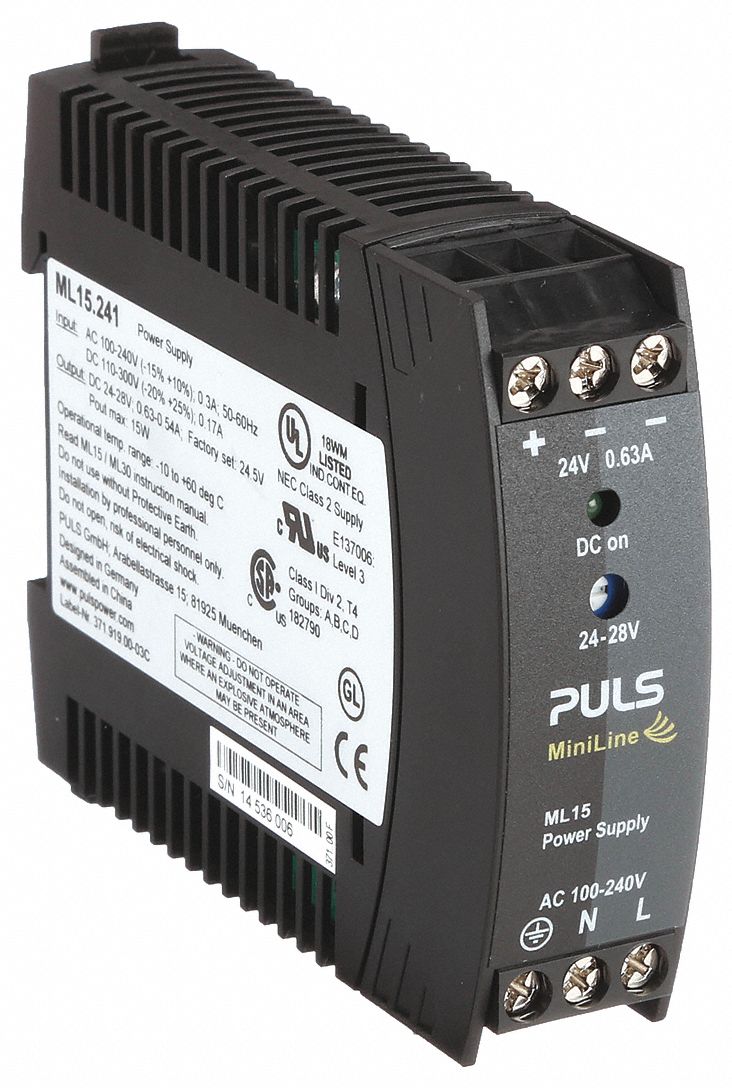 DC Power Supply: DIN Rail, 15 W Output Power - Rated, 0.6 A Current - Output, Single Phase