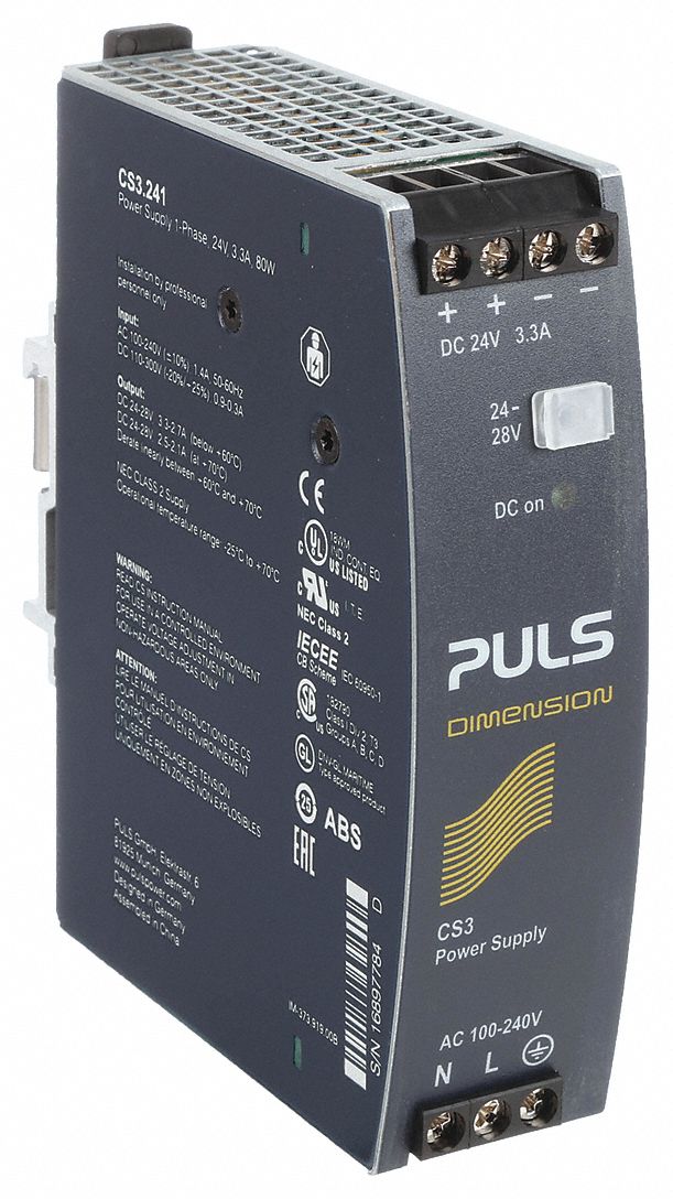 DC Power Supply: DIN Rail, 80 W Output Power - Rated, 2.7 A Current - Output, Single Phase