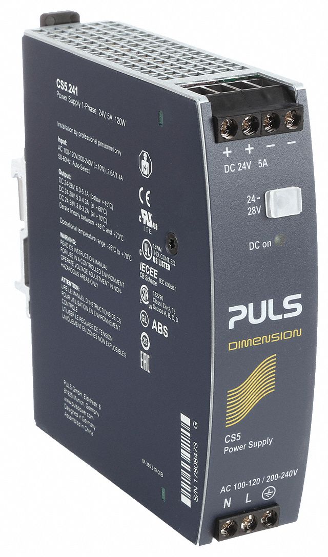 PULS DC Power Supply: 100 to 120 V AC/200 to 240 V AC, Single, 24 to 28V  DC, 120W, 5.0, DIN Rail