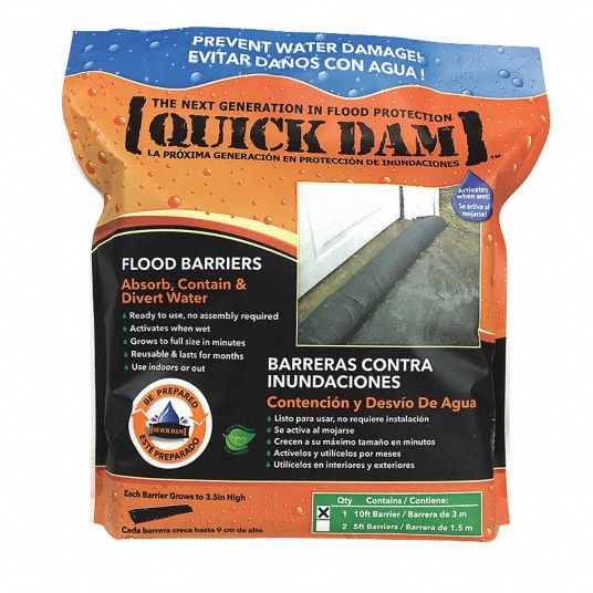QUICK DAM Water Activated Flood Barrier: Freshwater, Polypropylene and  Polymer, 10 ft Lg