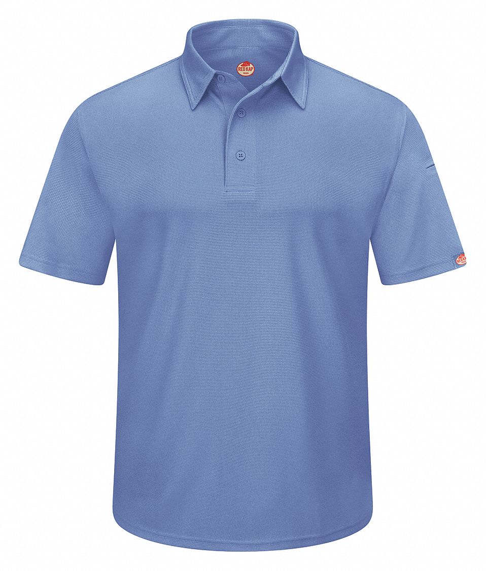 Short Sleeve Polo: Men's, 2XL, Medium Blue, Regular, Polo, Short Sleeve, Polyester, Buttons