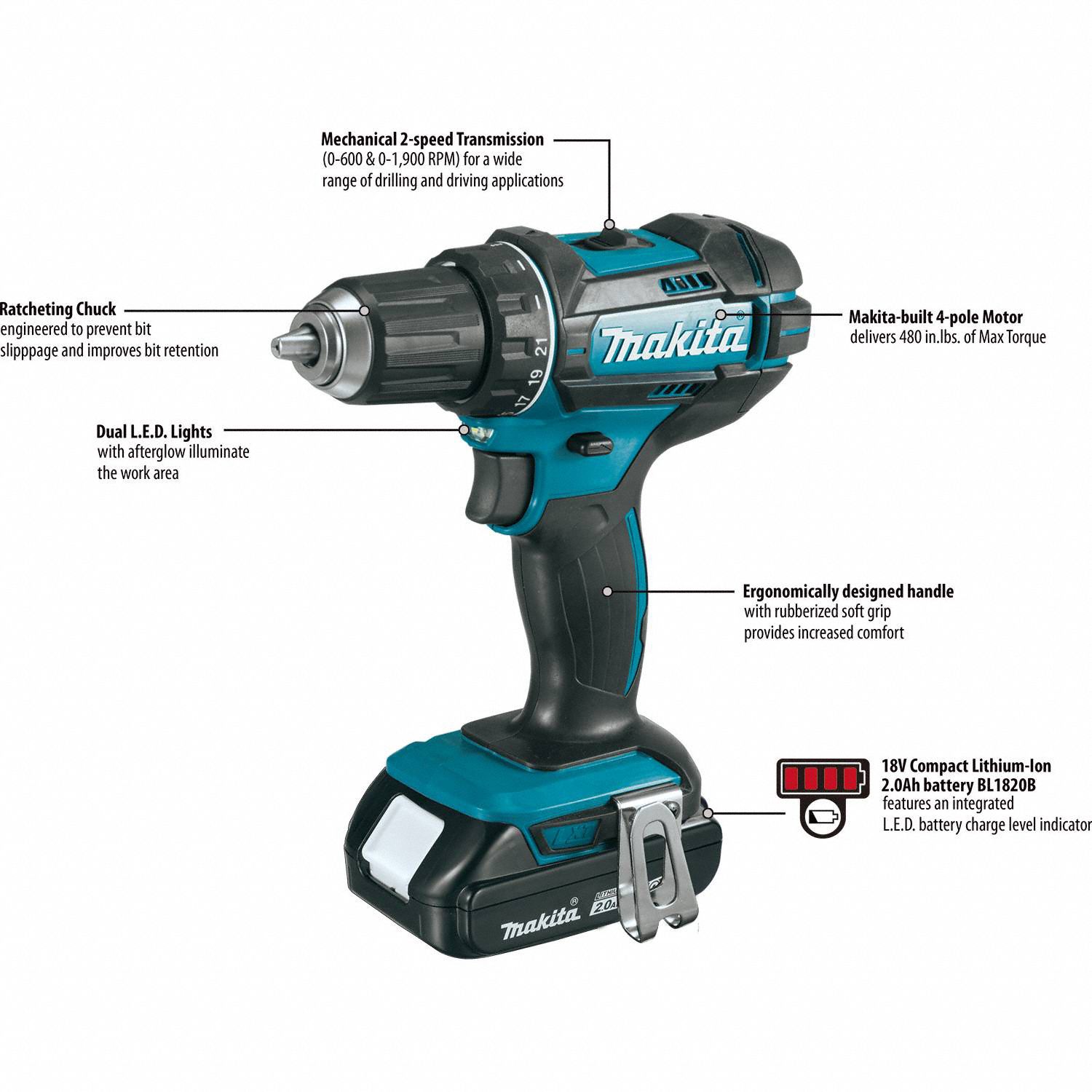 MAKITA Drill Kit, Cordless, 0 inlb to 480 inlb, 1/2 in Chuck Size