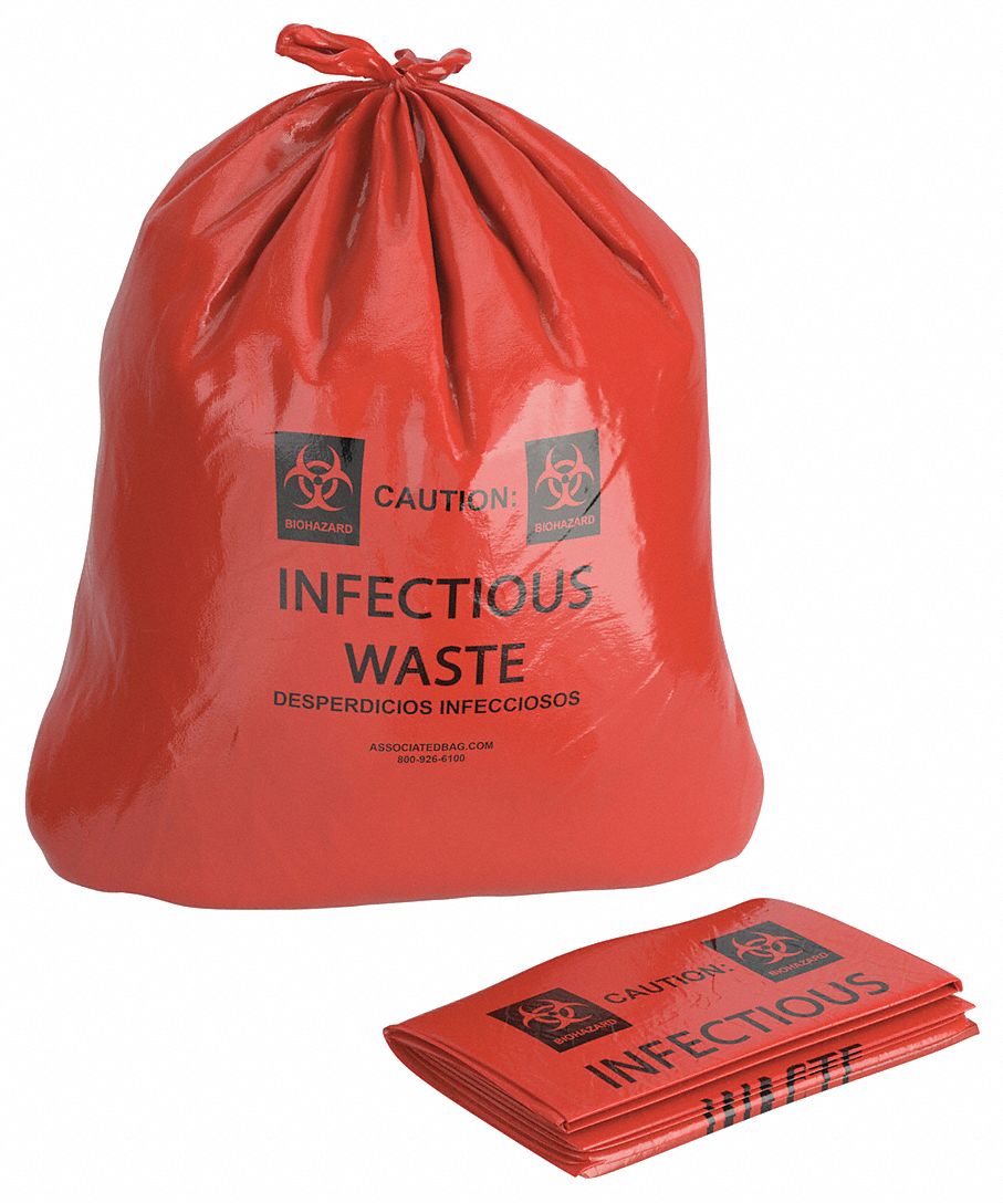 Biohazard Bags: 16 in Overall Wd, 36 in Overall Ht, Infectious Waste, Polyethylene, 100 PK