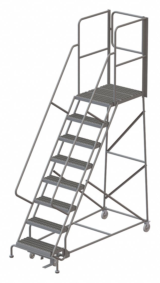 Rolling Ladder: 6.7 ft Platform Ht, Unassembled, Steel, Manual Lock, Serrated, 35 in x 84 in