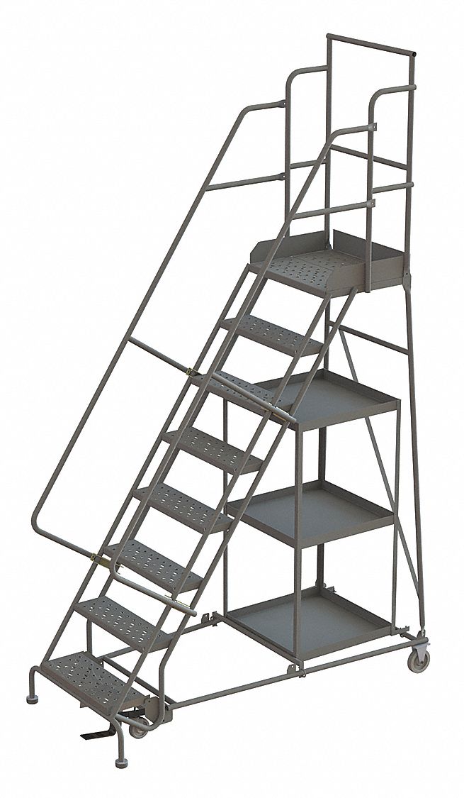 Rolling Ladder: 6.7 ft Platform Ht, Unassembled, Foot-Activated Step Lock, Steel, Serrated