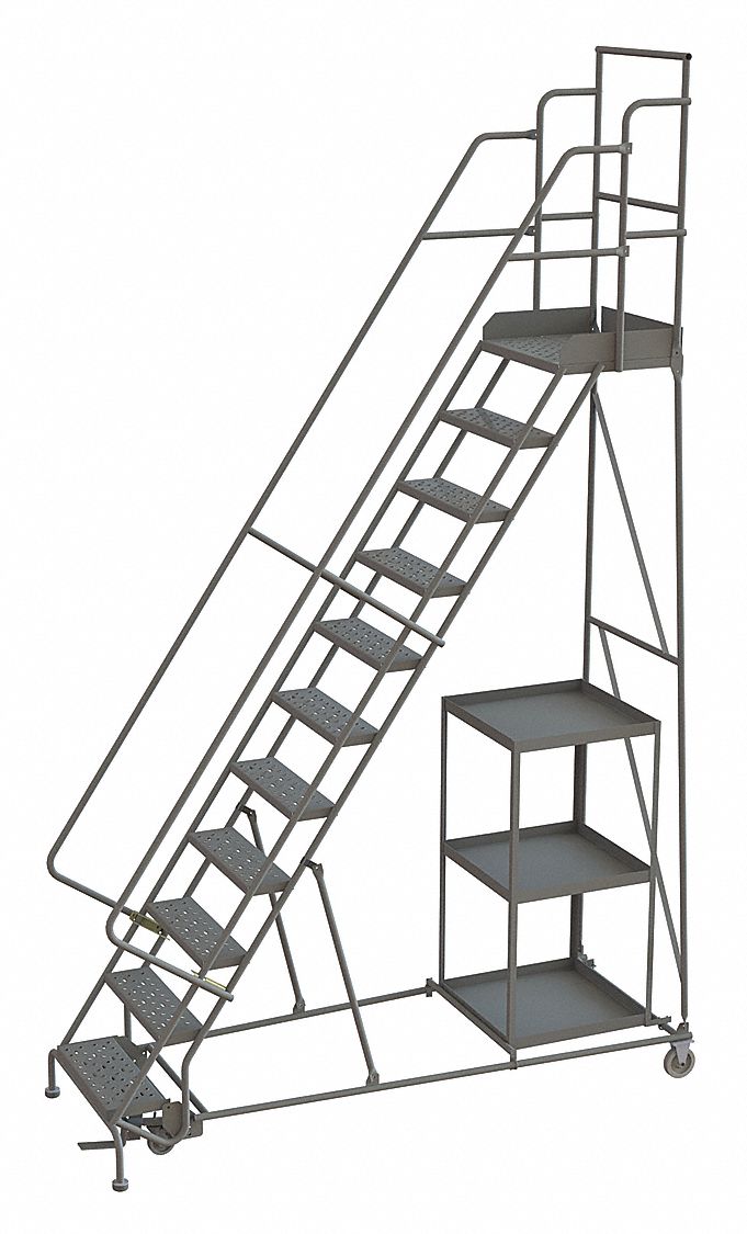 Rolling Ladder: 9.2 ft Platform Ht, Unassembled, Foot-Activated Step Lock, Steel, Serrated