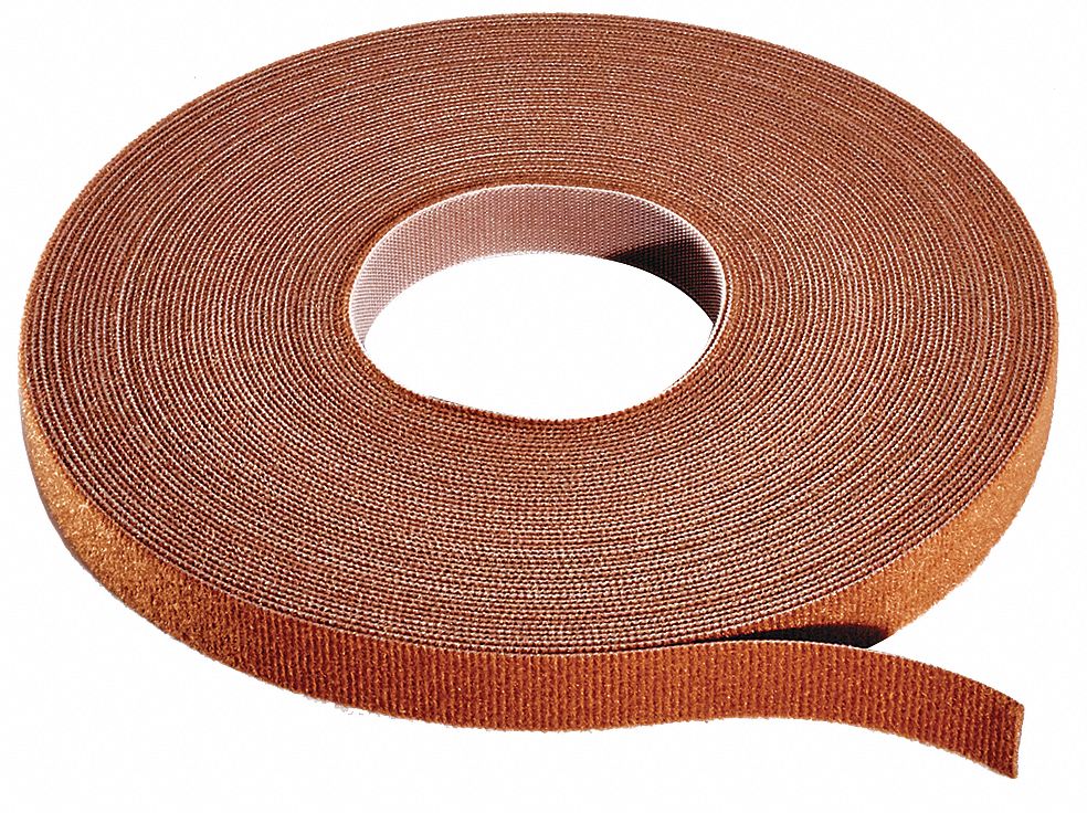 Hook-and-Loop Cable Tie Roll: 15 ft Lg, 0.5 in Wd, 50 lb Tensile Strength, Brown