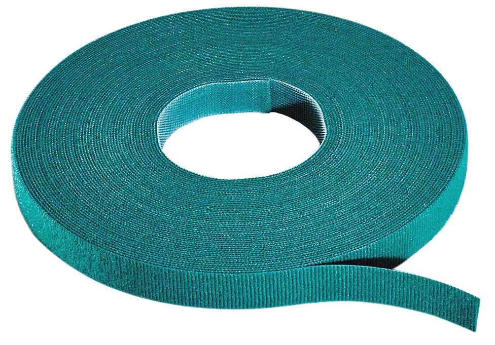 Hook-and-Loop Cable Tie Roll: 15 ft Lg, 0.5 in Wd, 50 lb Tensile Strength, Green
