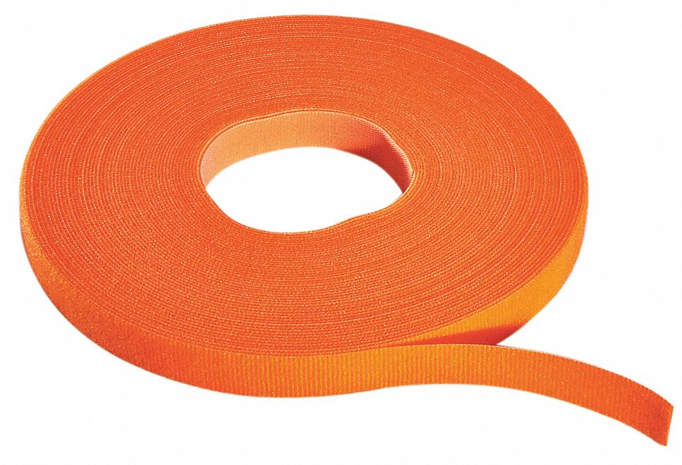 Hook-and-Loop Cable Tie Roll: 15 ft Lg, 0.5 in Wd, 50 lb Tensile Strength, Orange