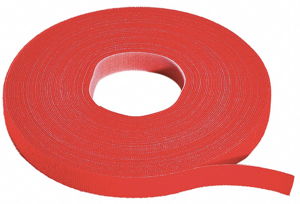 Hook-and-Loop Cable Tie Roll: 15 ft Lg, 0.5 in Wd, 50 lb Tensile Strength, Red