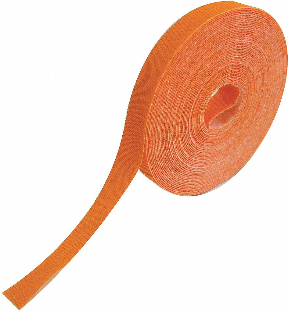 Hook-and-Loop Cable Tie Roll: 75 ft Lg, 0.5 in Wd, 18 lb Tensile Strength, Orange, Polyester
