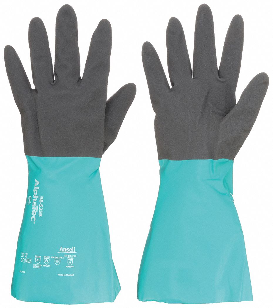Chemical-Resistant Gloves: Nitrile, Black/Green, Supported, 212°F Temp - Max, Acrylic, 1 PR