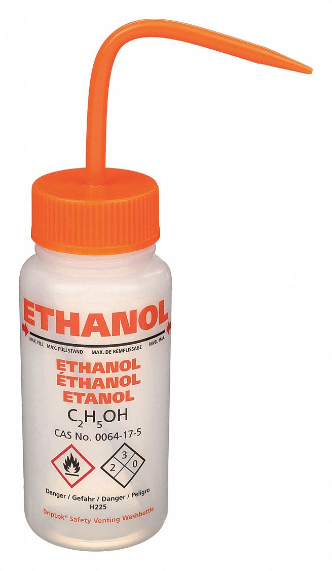 Wash Bottle: 8.45 fl oz Capacity - oz, 250 mL Capacity - mL, Specific Chemicals, Ethanol, Vented