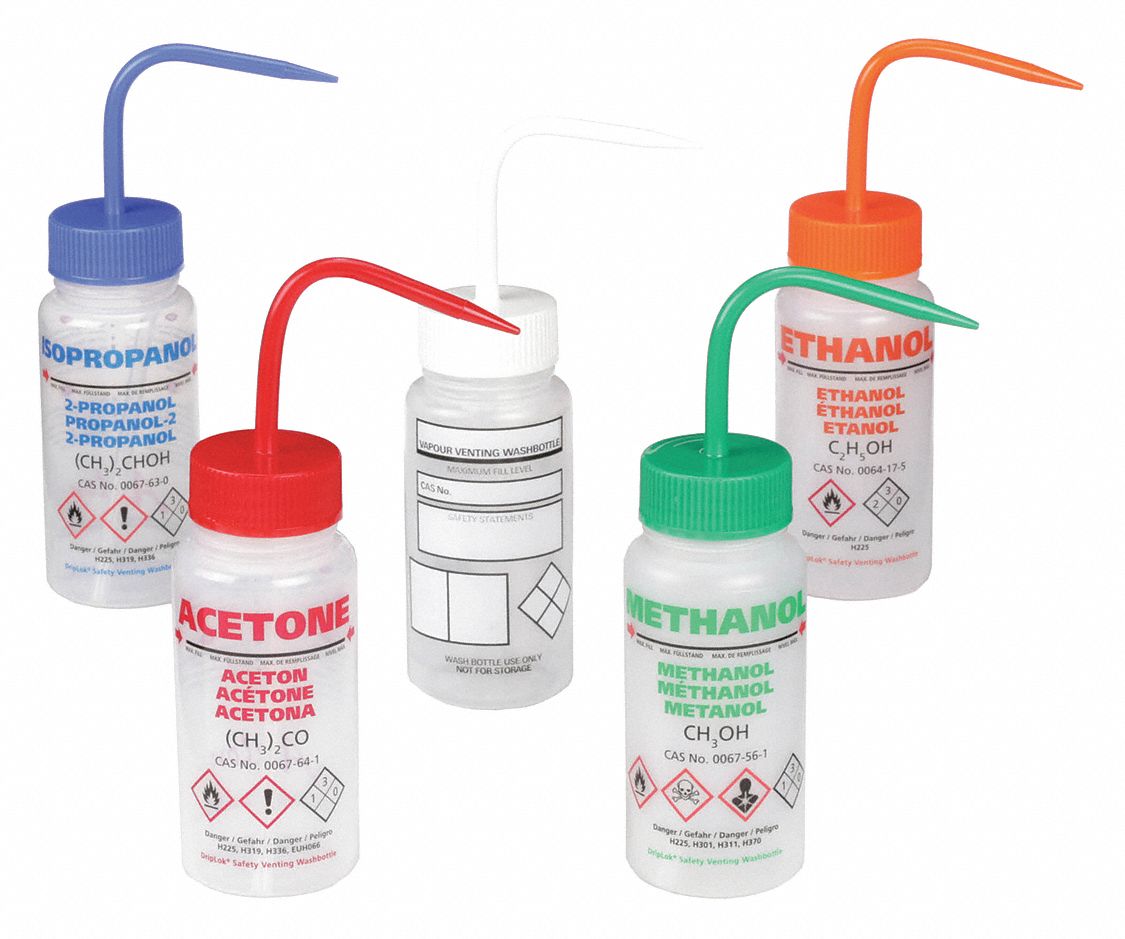 Wash Bottle: 8.45 fl oz Capacity - oz, 250 mL Capacity - mL, Assorted, Wide Mouth Size, Vented