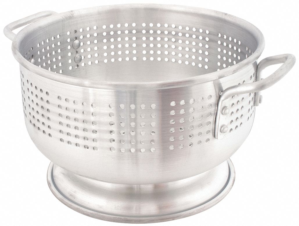 Colander: 12 qt Capacity, 7 3/4 in Overall Ht, Aluminum, Handle Included