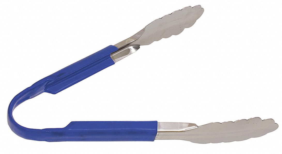 Uncoated Scalloped Tongs: Stainless Steel Blade, 10 in Overall Lg, Blue, NSF Certified