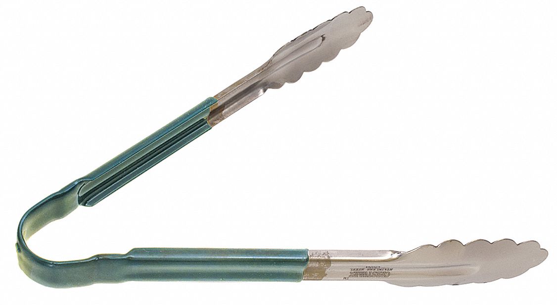 Uncoated Scalloped Tongs: Stainless Steel Blade, 10 in Overall Lg, Green, NSF Certified