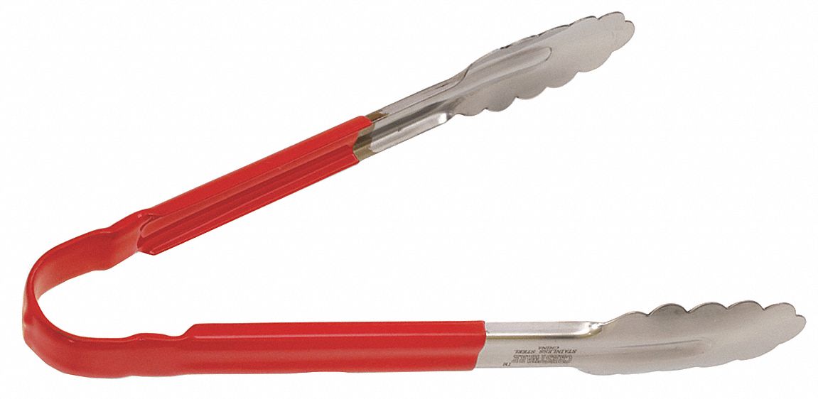 Uncoated Scalloped Tongs: Stainless Steel Blade, 10 in Overall Lg, Red, NSF Certified, Red