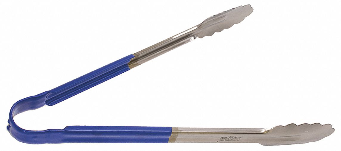 Uncoated Scalloped Tongs: Stainless Steel Blade, 12 in Overall Lg, Blue, NSF Certified