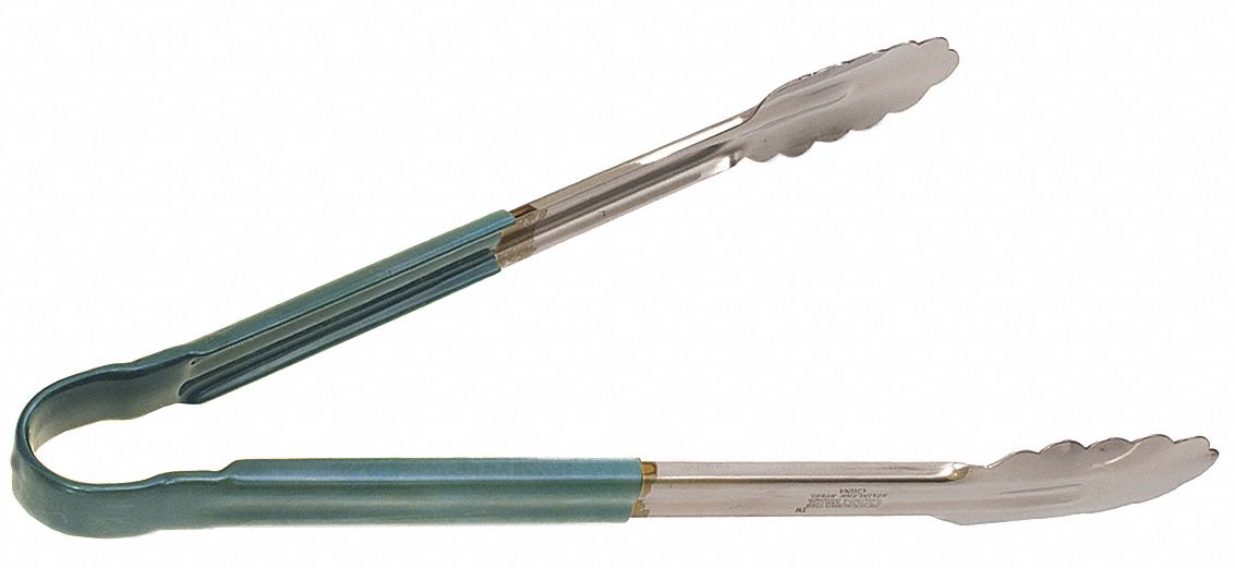 Uncoated Scalloped Tongs: Stainless Steel Blade, 12 in Overall Lg, Green, NSF Certified
