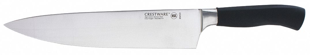 Chef Knife: Straight, 10 in Overall Lg, Steel Blade, Santoprene Handle, Black Handle
