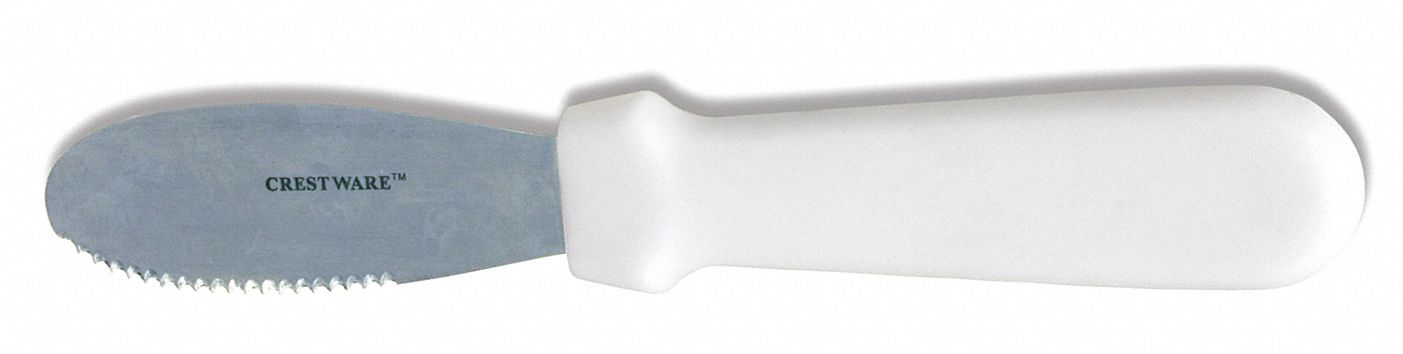 Spreader: 9 3/4 in Overall Lg, Stainless Steel Blade, Plastic Handle, White Handle, White
