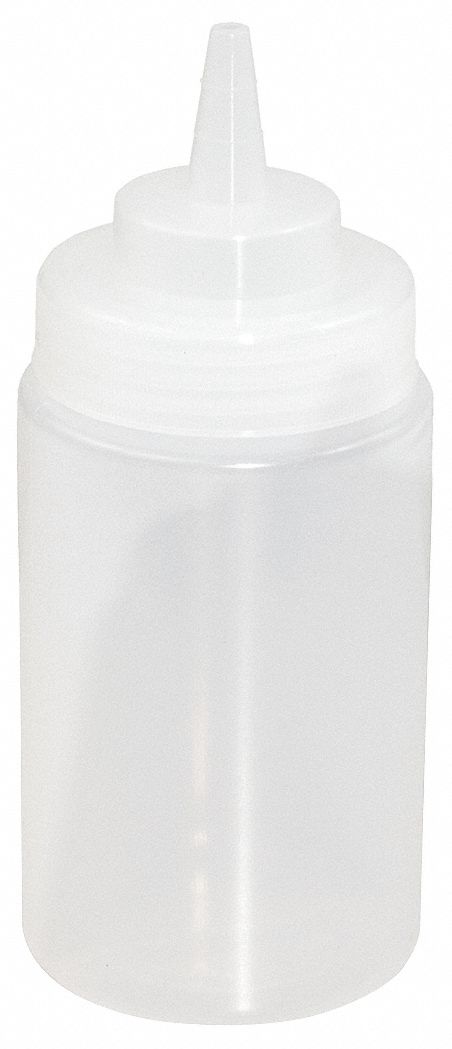 Squeeze Bottle: 12 fl oz Capacity, 2 3/4 in Opening Dia, 6 1/2 in Overall Ht