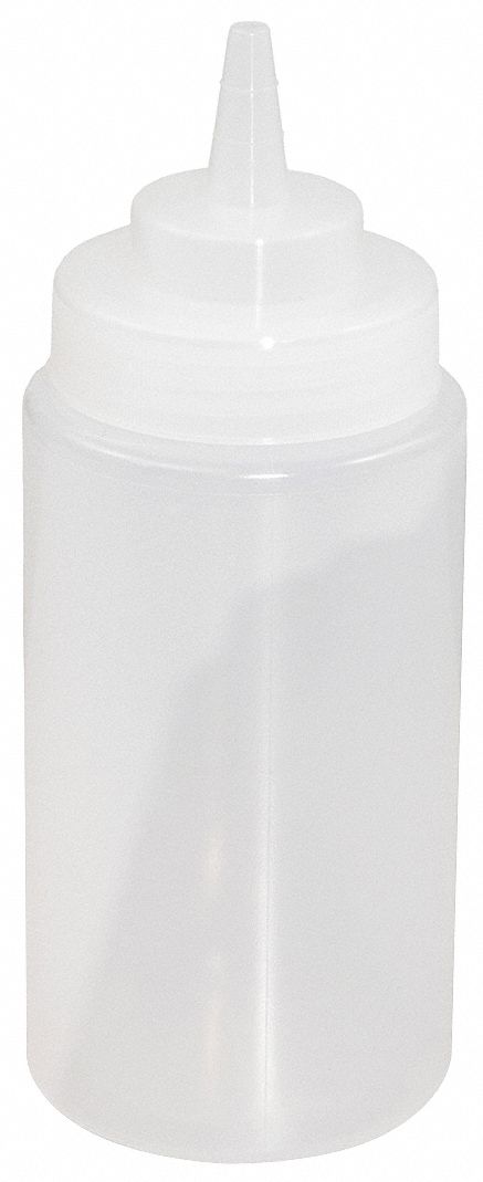 Squeeze Bottle: 16 fl oz Capacity, 2 3/4 in Opening Dia, 7 1/2 in Overall Ht