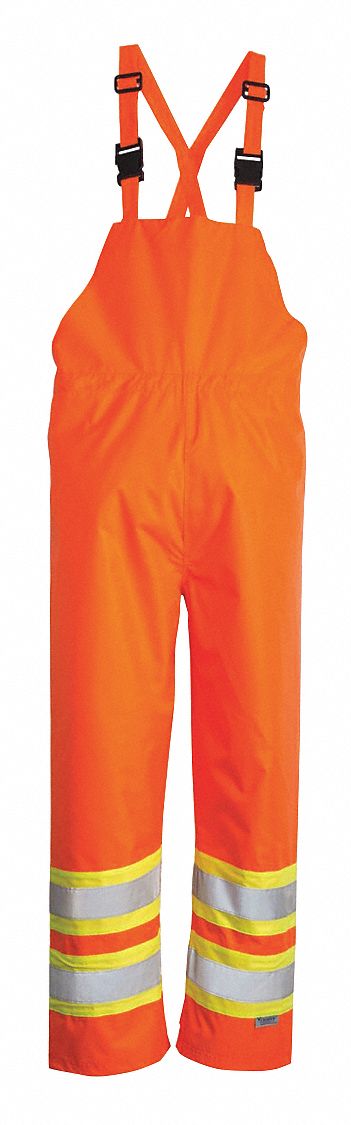 HI-VIS RAIN BIB PANTS, ANSI CLASS E, 150D, L 36 X 32 IN, ORANGE, ELASTIC CUFF