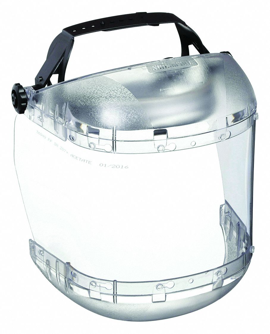 FACESHIELD, SINGLE CROWN, RATCHET, CLEAR, ANTI-FOG, NYLON/ACETATE, CSA, 19X6X0.04 IN