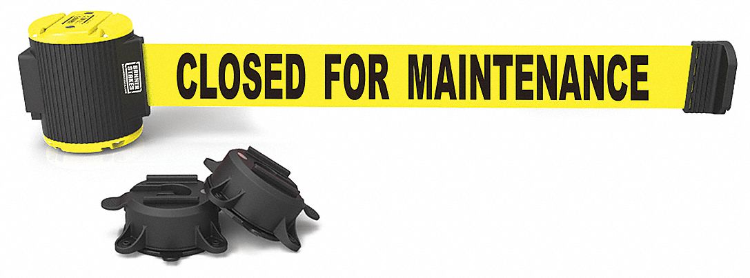 Retractable Belt Barrier: Magnet, 30 ft Belt Lg, Maint & Cleaning Messaging, Yellow