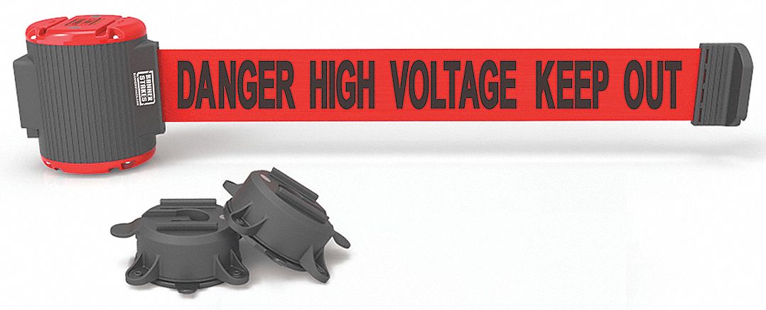 Magnetic Retractable Belt Barrier: Magnet, 30 ft Belt Lg, Danger Messaging, Red