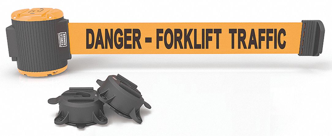 Magnetic Retractable Belt Barrier: Magnet, 30 ft Belt Lg, Danger Messaging, Orange