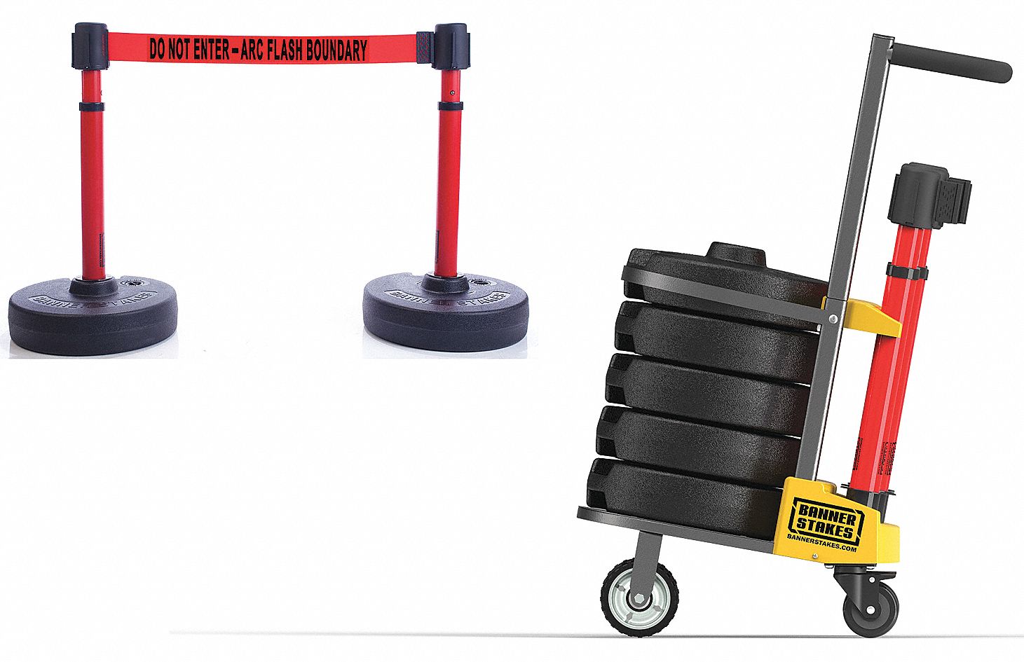 Belt Barrier System: 42 in Post Ht, 15 ft Belt Lg, Red, 4 No. of Posts, Message, Fillable Base