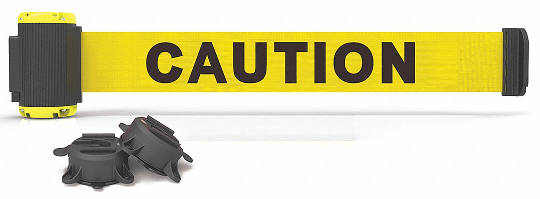 Magnetic Retractable Belt Barrier: Magnet, 7 ft Belt Lg, Caution Messaging, Yellow