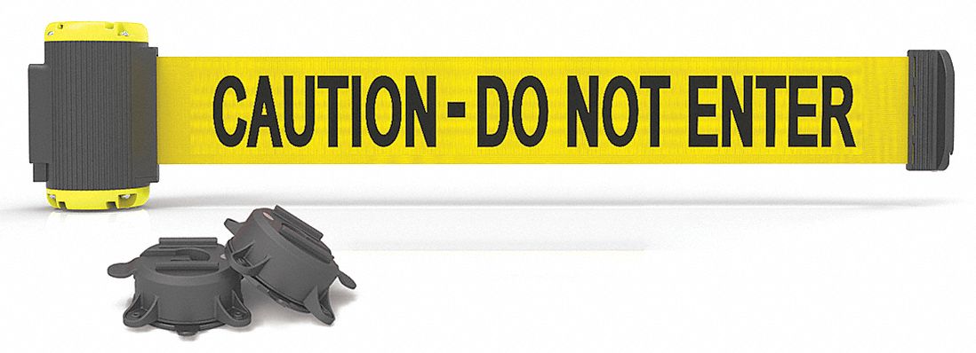 Magnetic Retractable Belt Barrier: Magnet, 7 ft Belt Lg, Caution Messaging, Yellow