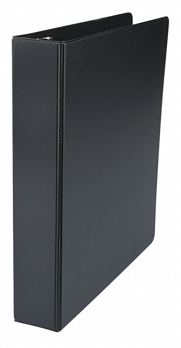 Ring Binder: 1 1/2 in Ring Size, D-Ring, 375 Sheet Capacity, Plain, Polypropylene, Black, 2 Pockets