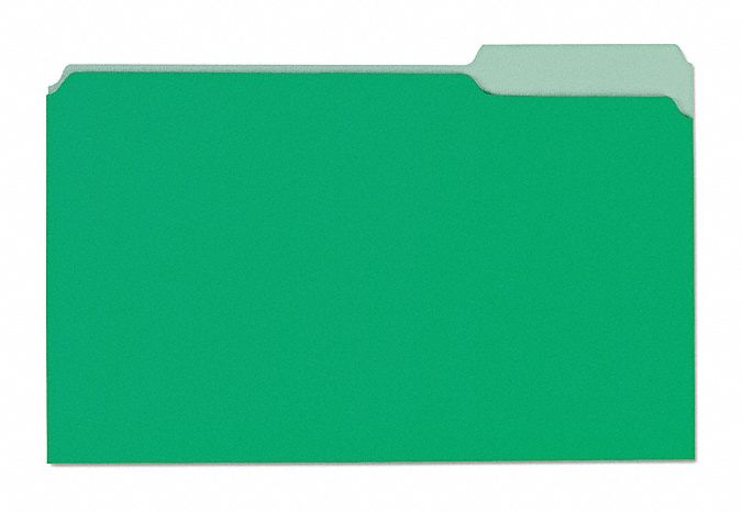 File Folders: 8 1/2 in Ht, 14 in Wd, Green, 11 pt. Stock, Top Tab Location, 100 PK