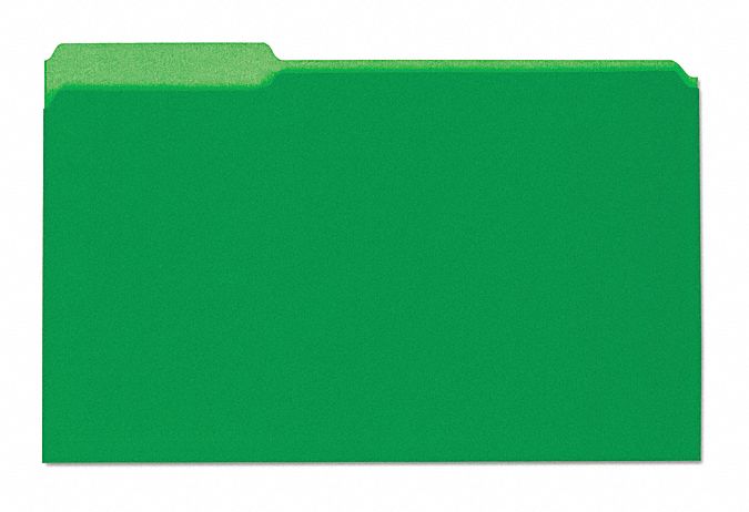 File Folders: 8 1/2 in Ht, 14 in Wd, Green, 11 pt. Stock, Top Tab Location, 100 PK